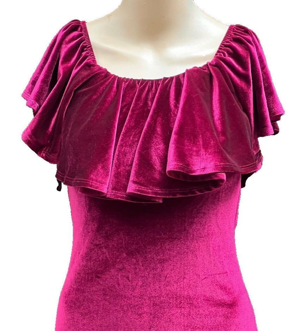 Wine Red Velvet Stretch Off the Shoulder Ruffle Shoulder Dress Size S